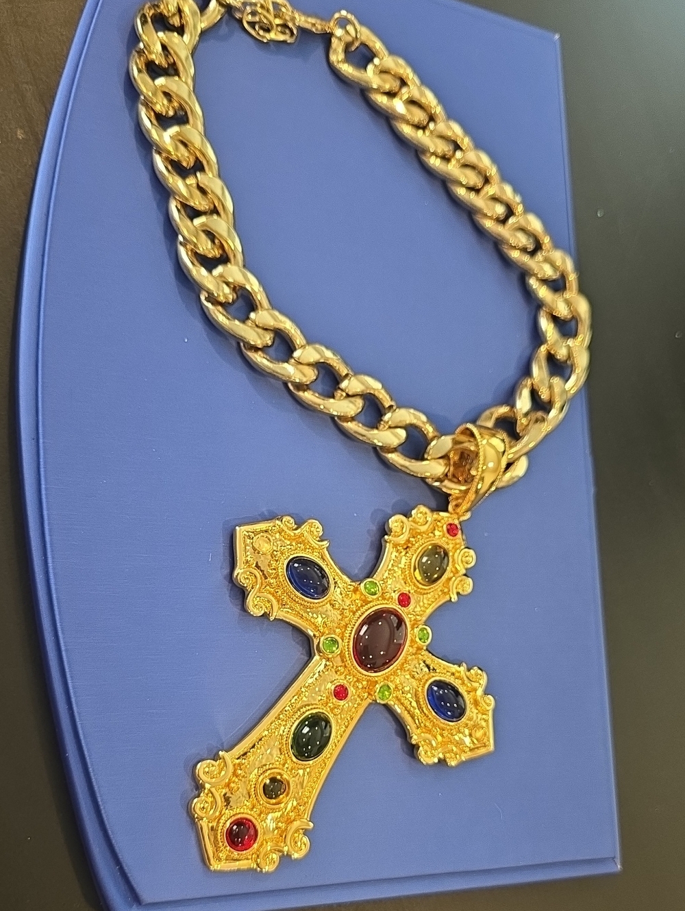 MASSIVE Gold-Tone Multi CABACHON Cross Pendant Necklace -MISS ANNS EXCLUSIVE